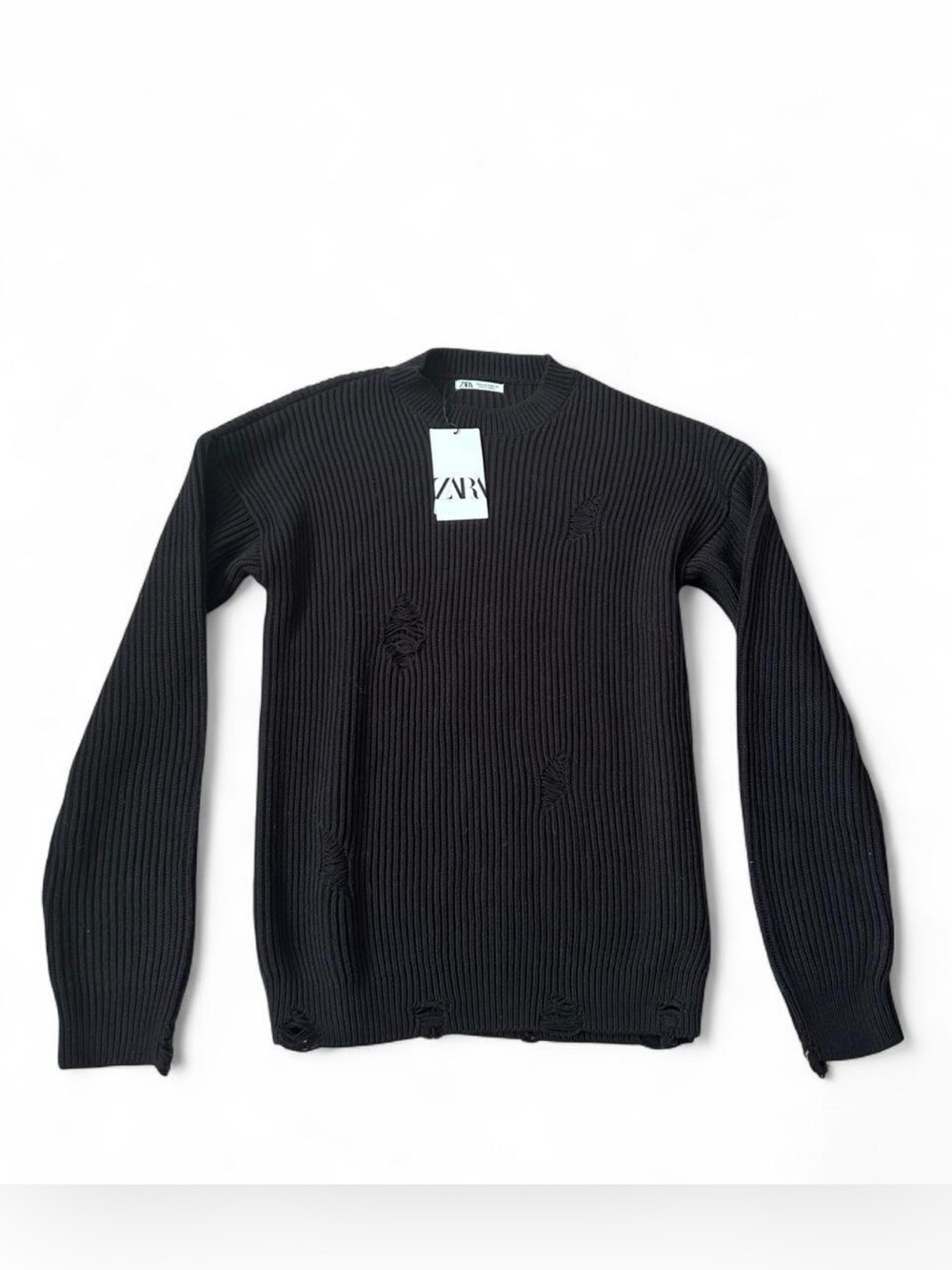 Zara Black Distressed Ribbed Knit Sweater NWT